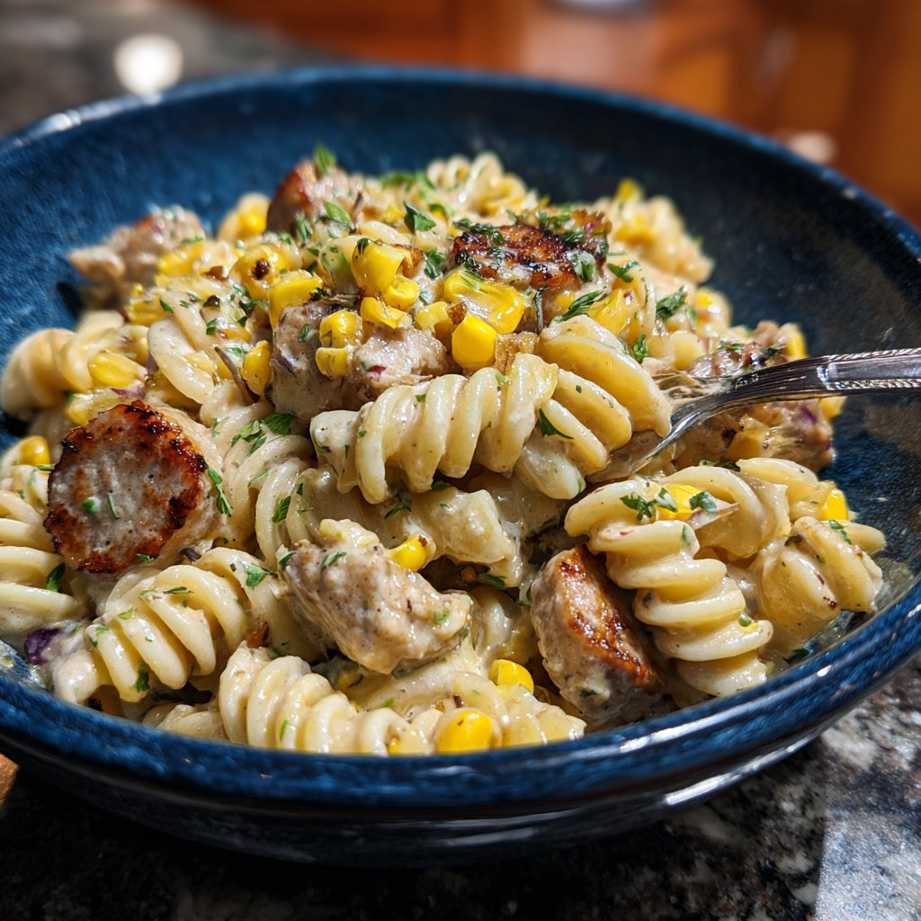 One Pot Creamy Cajun Sausage Pasta with Roasted Corn